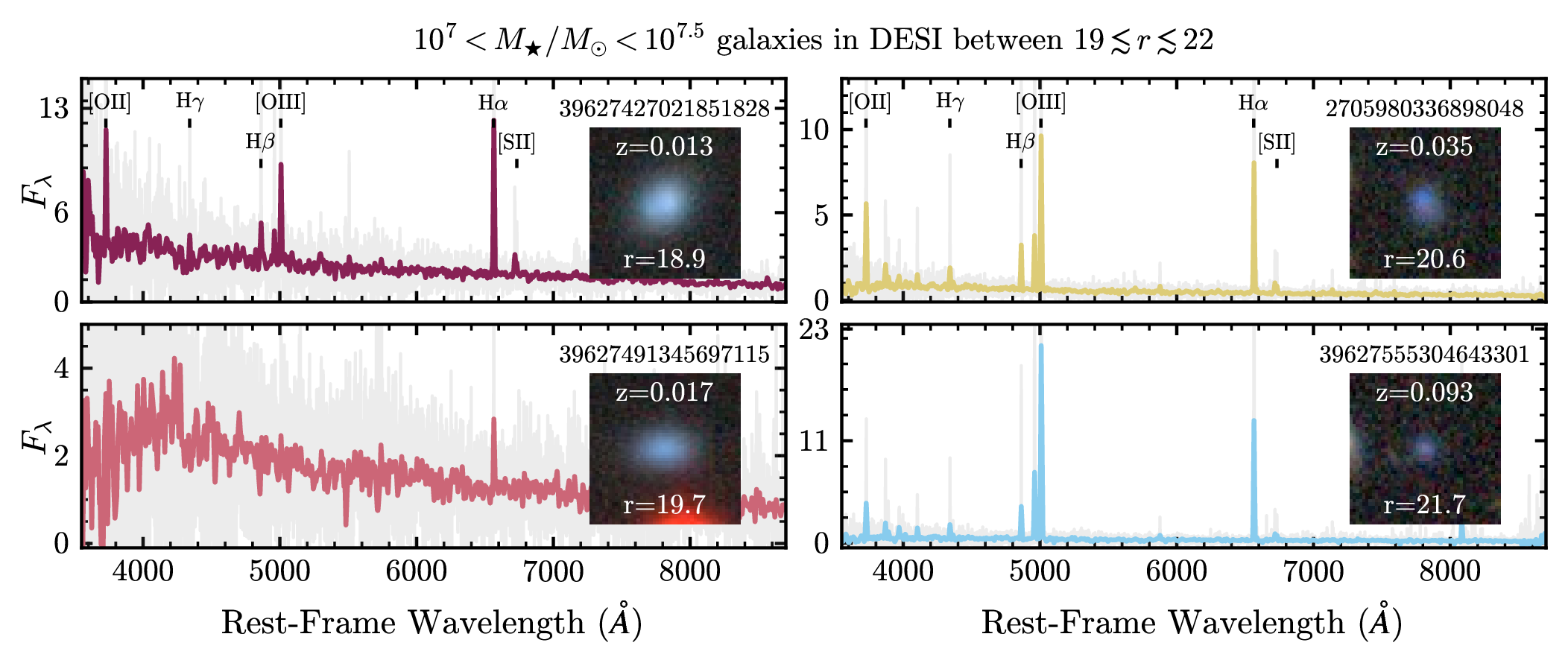 Example DESI dwarf galaxy spectra with imaging cutouts
